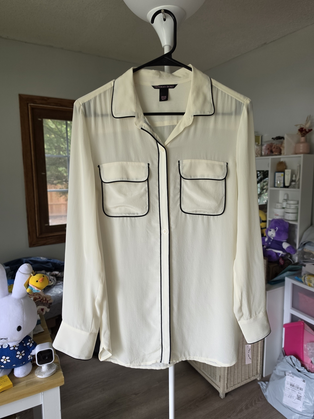 Victoria's Secret Ivory Button-Down Blouse with Black Piping